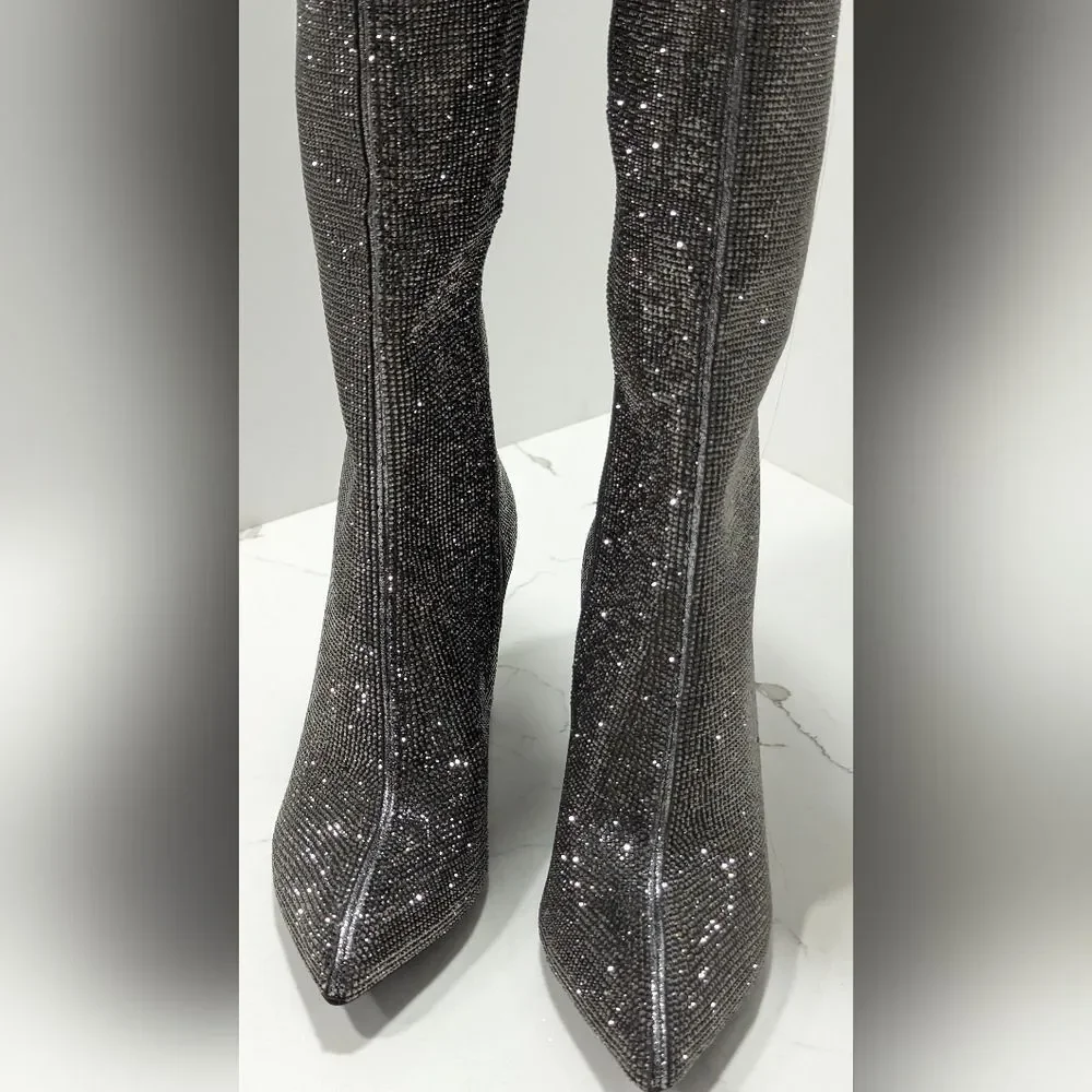 New INC Tall Sparke Knee High Boots Block Heel Pewter Crystal Sz 5 Taylor Swift